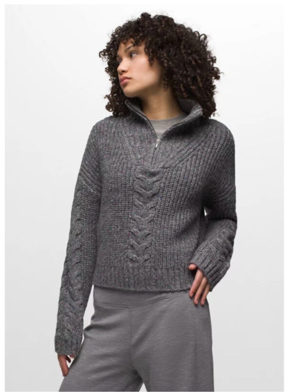 Prana Heathered Gray Cable Half-Zip Quarter Zip Sweater
